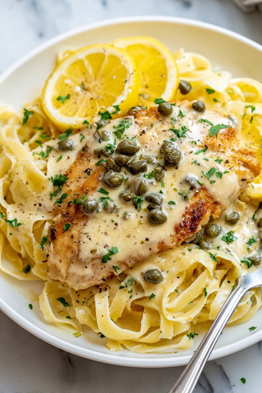 A white plate filled with creamy fettuccine pasta forms the base layer, its soft off-white strands loosely piled and coated in a smooth, light cream sauce. On top rests a golden-brown cooked chicken piece covered in a thick, creamy sauce dotted with small green capers and sprinkled with black pepper and chopped parsley. Lemon slices with a bright yellow outer skin and pale inner flesh are placed on and near the chicken, adding a fresh look. A white marbled surface is visible beneath the plate, and a silver fork is partially placed on the right edge of the plate. photo taken with an iphone --ar 2:3 --v 7