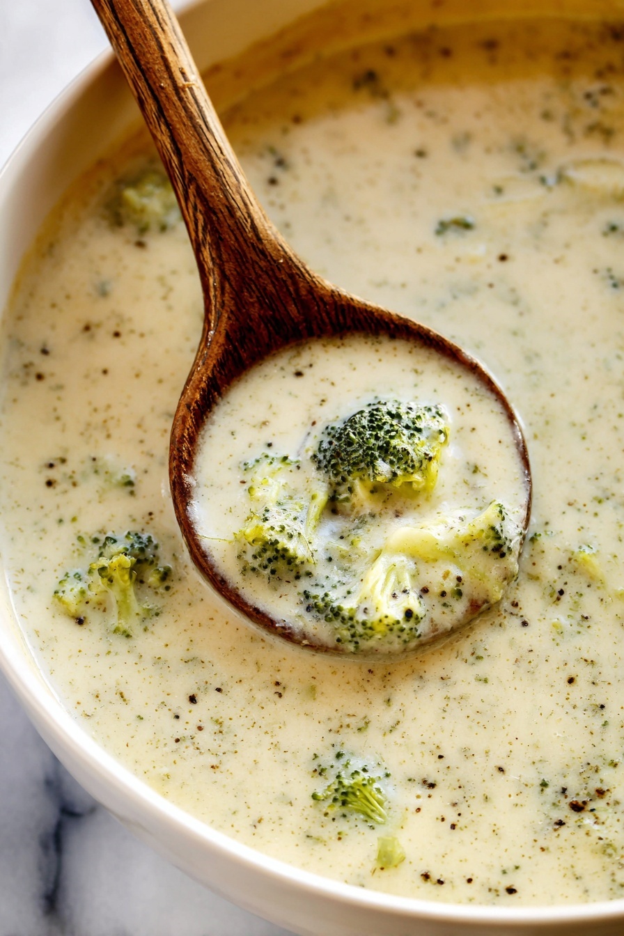 A close-up view of creamy broccoli soup in a white bowl with a wooden ladle scooping it up. The soup has a thick, smooth light beige base with visible small green broccoli florets and specks of black pepper mixed throughout. The broccoli pieces add texture with their small bump-like shapes, and the soup surface has slight shiny highlights from the creamy liquid. The bowl rests on a white marbled surface. photo taken with an iphone --ar 2:3 --v 7