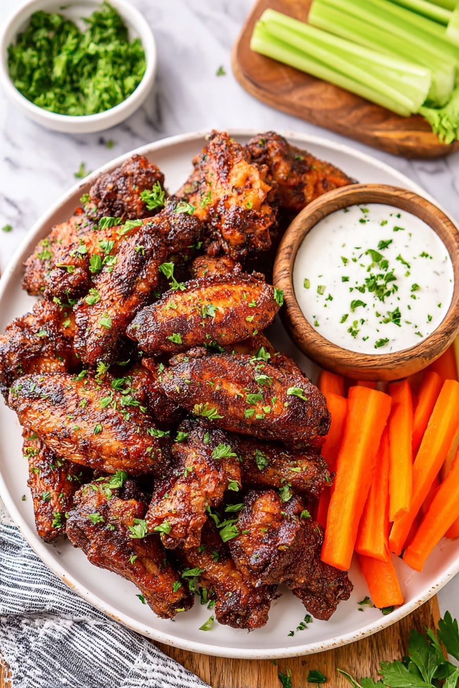 A white round plate filled with a large pile of crispy, dark golden-brown chicken wings covered in small green parsley bits. On the right side of the plate, there are bright orange carrot sticks and light green celery sticks arranged in neat rows. Next to them is a small wooden bowl filled with creamy white ranch dressing sprinkled with parsley. In the background, there is a white bowl of finely chopped green herbs and some celery sticks lying on a white marbled surface. A striped cloth is partially visible on the right side. Photo taken with an iphone --ar 2:3 --v 7