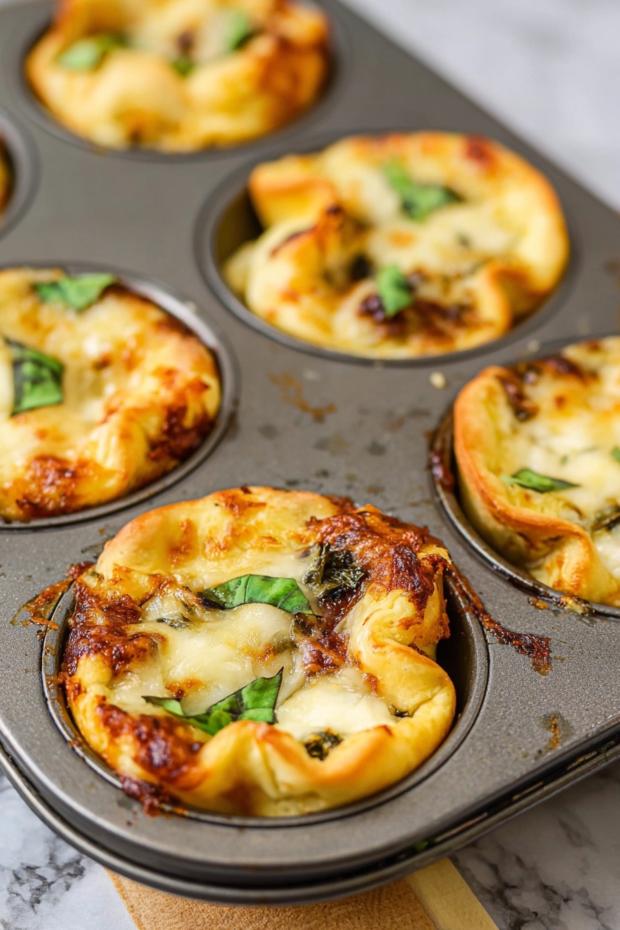 The image shows a metal muffin tray filled with six baked mini pizza cups. Each cup has a base layer of golden-baked dough folded into a small cup shape, topped with melted light yellow cheese that has browned slightly in some parts. There are bits of dark green fresh basil leaves scattered on top of the cheese, adding a fresh contrast. The pizza cups have a slightly crispy and browned texture on the edges, with some melted cheese spilling over the sides and slight browning on the muffin tin around the cups. The tray sits on a surface with a white marbled texture photo taken with an iphone --ar 2:3 --v 7