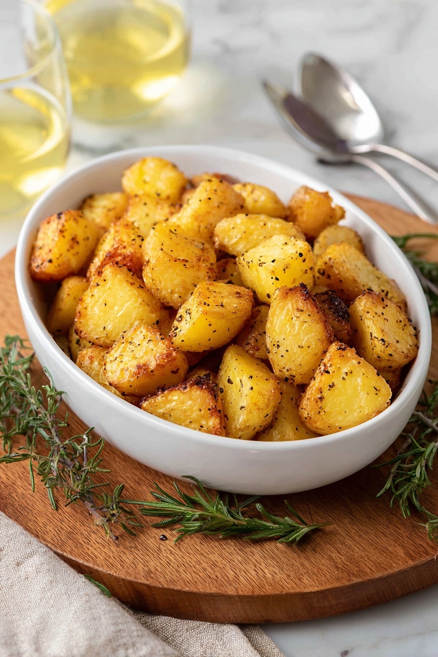 A white oval bowl filled with golden brown roasted potato pieces that have a crispy texture with visible small black seasoning dots. The potatoes are cut into irregular chunky shapes and look shiny and soft inside. The bowl is placed on a round wooden board with sprigs of fresh green herbs around its edges. In the background, there are partial views of a metal spoon and glasses with light yellow liquid on a white marbled surface. photo taken with an iphone --ar 2:3 --v 7