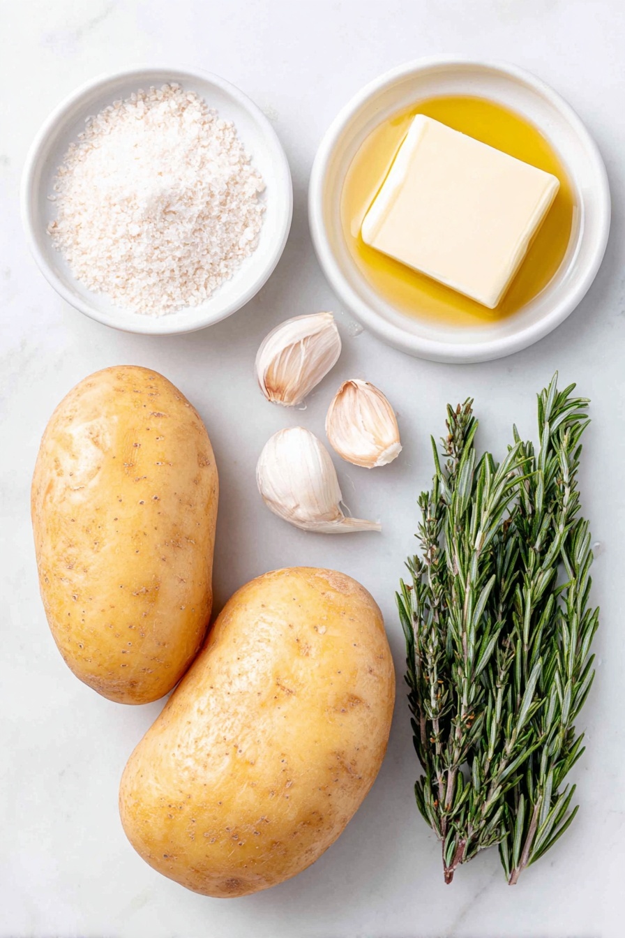 Flat lay of two whole Yukon Gold potatoes with smooth yellow skin, a small mound of coarse kosher salt crystals, a tiny pile of white baking soda powder, two whole uncracked garlic cloves, a few fresh rosemary sprigs with green needle-like leaves, a small bunch of fresh flat-leaf parsley with vibrant green leaves, a small pat of pale yellow butter on a simple white ceramic plate, and a small white ceramic bowl filled with clear golden vegetable oil, all arranged in perfect symmetry on a clean white marble surface, soft natural light, photo taken with an iPhone, professional food photography style, fresh ingredients, white ceramic bowls, no bottles, no duplicates, no utensils, no packaging --ar 2:3 --v 7 --p m7354615311229779997