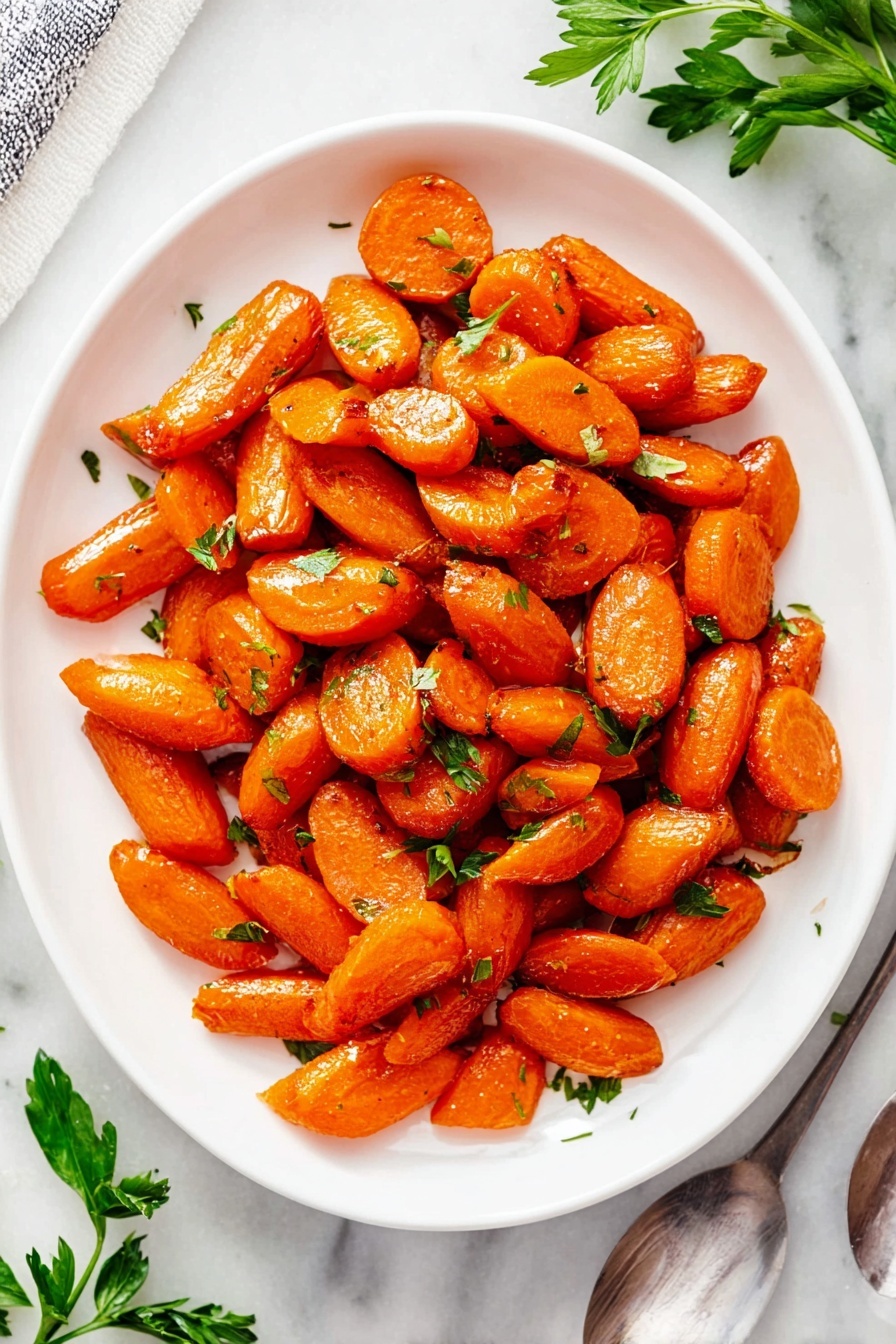 A white plate filled with a single layer of roasted baby carrots that are bright orange with a light glossy coating from seasoning. The carrots are cut into small pieces, some angled and some round, showing a soft texture with slight browning on edges. Green parsley leaves are scattered evenly on top, adding fresh green color contrast. The plate sits on a white marbled surface, with some fresh parsley sprigs visible at the top right corner and a silver spoon near the bottom right. photo taken with an iphone --ar 2:3 --v 7