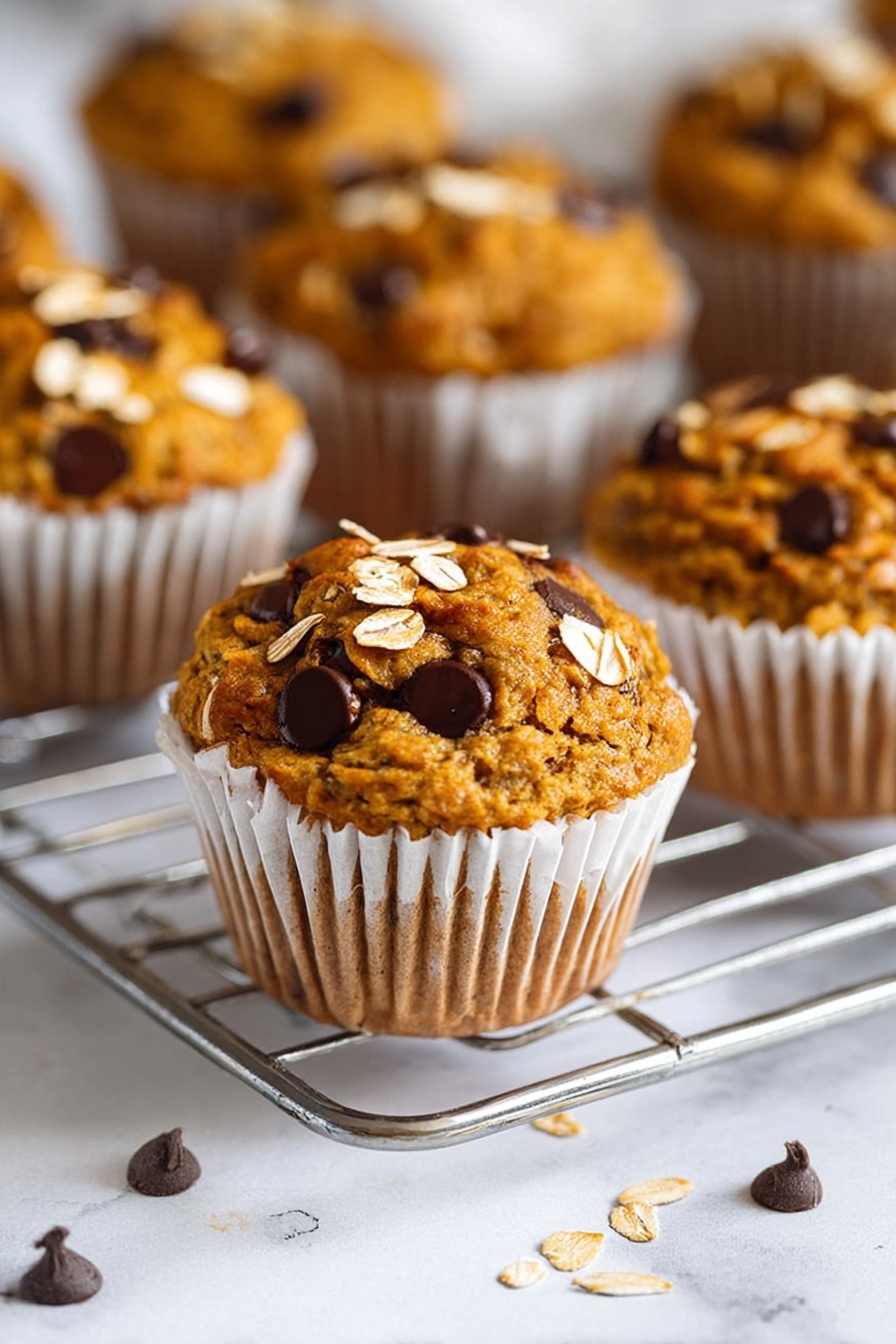 A close-up of several golden brown muffins with a textured top, each studded with dark chocolate chips and topped with a few light oat flakes. The muffins are in white paper liners and placed on a silver cooling rack, which sits on a white marbled surface. One muffin is in sharp focus in the foreground, with others softly blurred behind. Scattered pieces of chocolate chips and oats are visible near the base of the rack. photo taken with an iphone --ar 2:3 --v 7