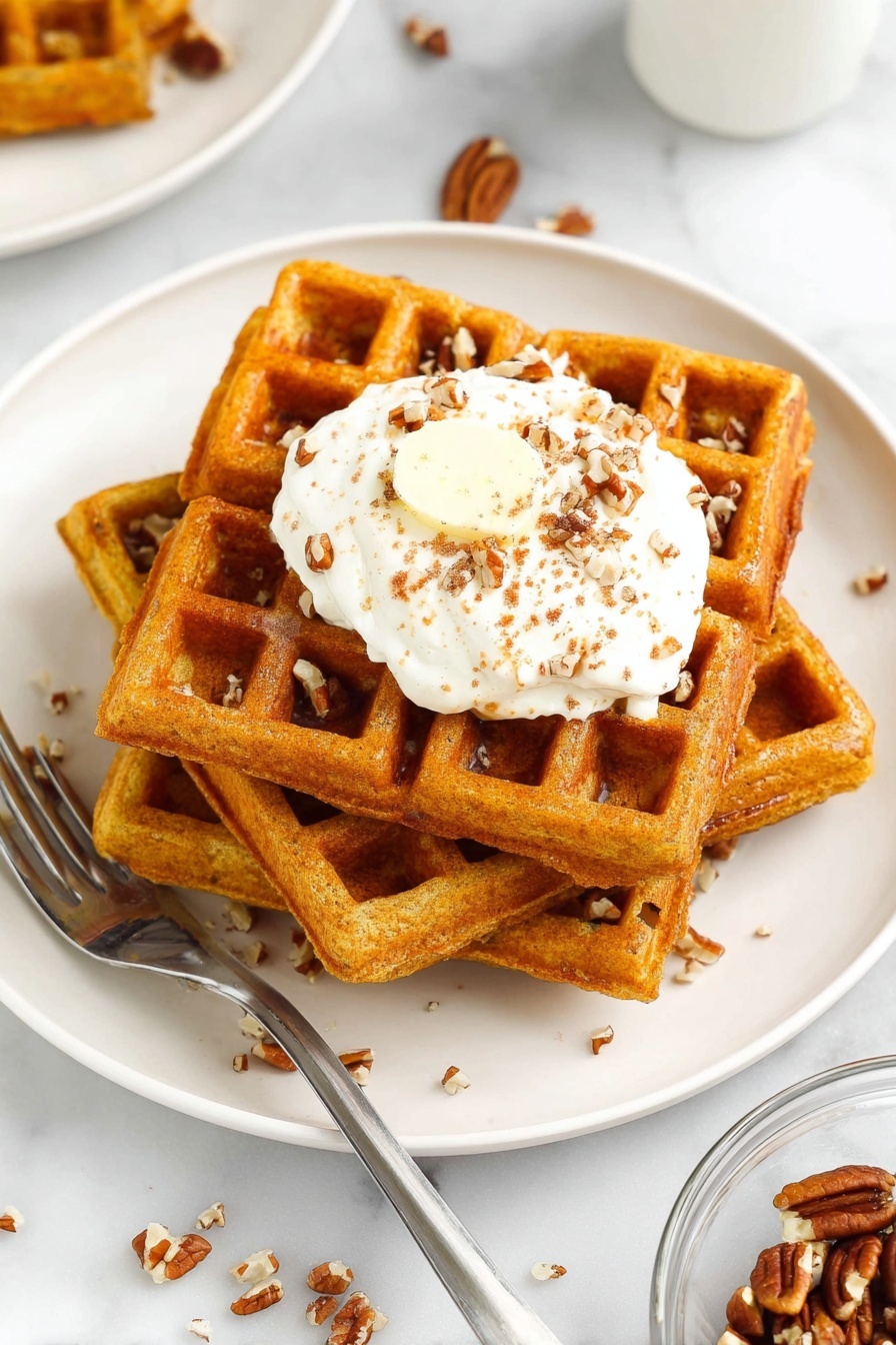 A white plate holds three golden-brown waffles stacked slightly unevenly, showing their deep square patterns and crispy edges. On top of the waffles is a large dollop of smooth white cream, sprinkled with small chopped pecan pieces and a light dusting of fine brown spice. A small round slice of butter rests in the middle of the cream. To the left of the plate is a silver fork pointing towards the waffles. The surface underneath is a white marble texture with small scattered pecan pieces and a glass bowl filled with chopped pecans at the bottom right. Photo taken with an iphone --ar 2:3 --v 7