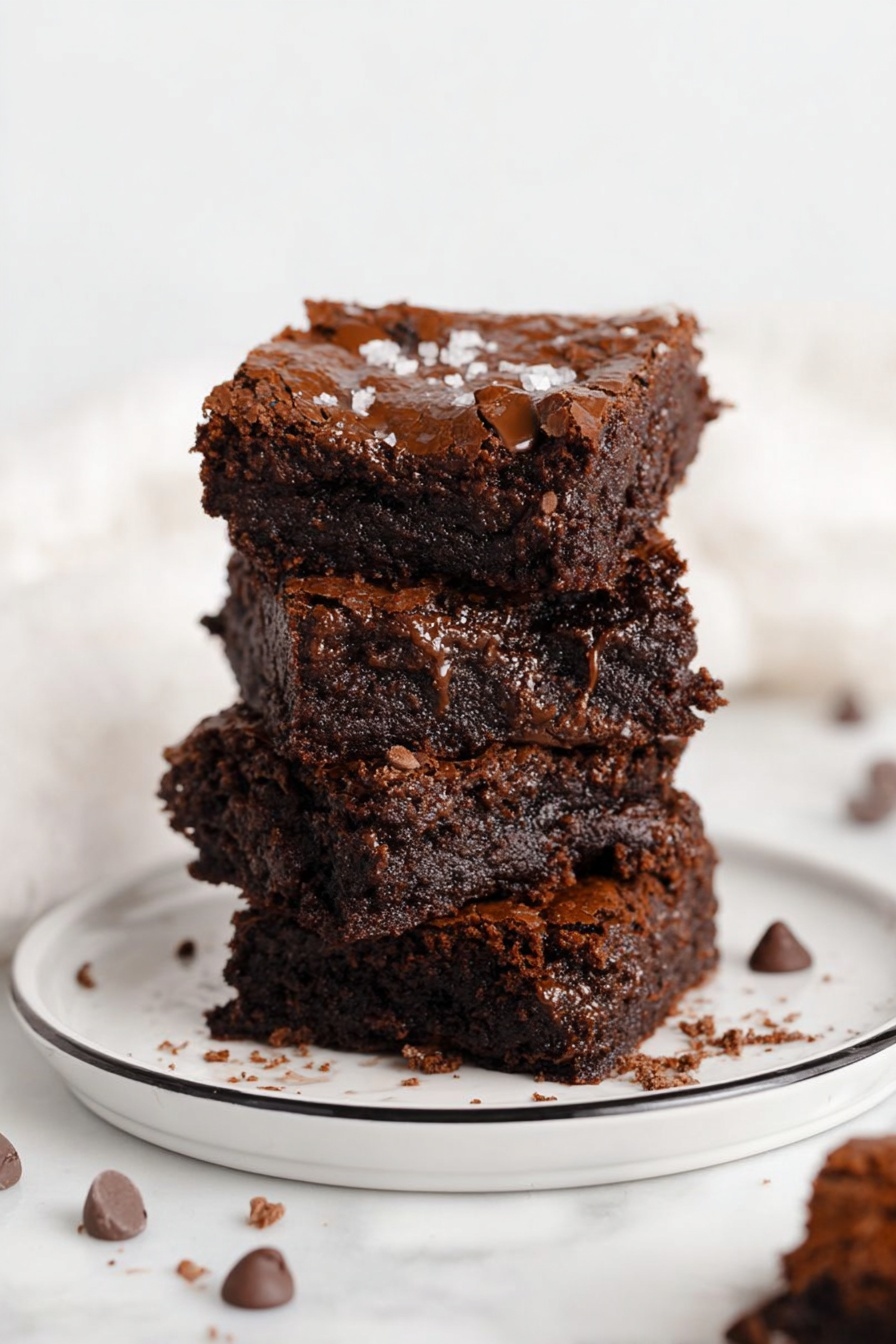 A stack of four thick, dark brown brownies sits at the center of a white plate with a thin black rim, placed on a white marbled surface. Each brownie is moist with a rich, slightly melted chocolate texture visible on the sides, and the tops have a shiny, cracked surface sprinkled with a few grains of salt. Around the plate are scattered chocolate chips and small crumbs. The background is soft and white, creating a clean look. Photo taken with an iphone --ar 2:3 --v 7