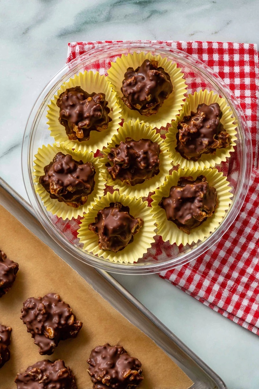A round clear plastic container holds nine small chocolate clusters, each resting in a yellow paper cupcake liner inside the container. The chocolate clusters are dark brown with a rough, bumpy texture showing bits of nuts or other ingredients inside them. Outside the container at the bottom left corner, more chocolate clusters are placed on a sheet of brown parchment paper on a silver-colored tray. The container and tray are on a white marbled surface, with a red and white checkered cloth partially visible under the container. Photo taken with an iphone --ar 2:3 --v 7
