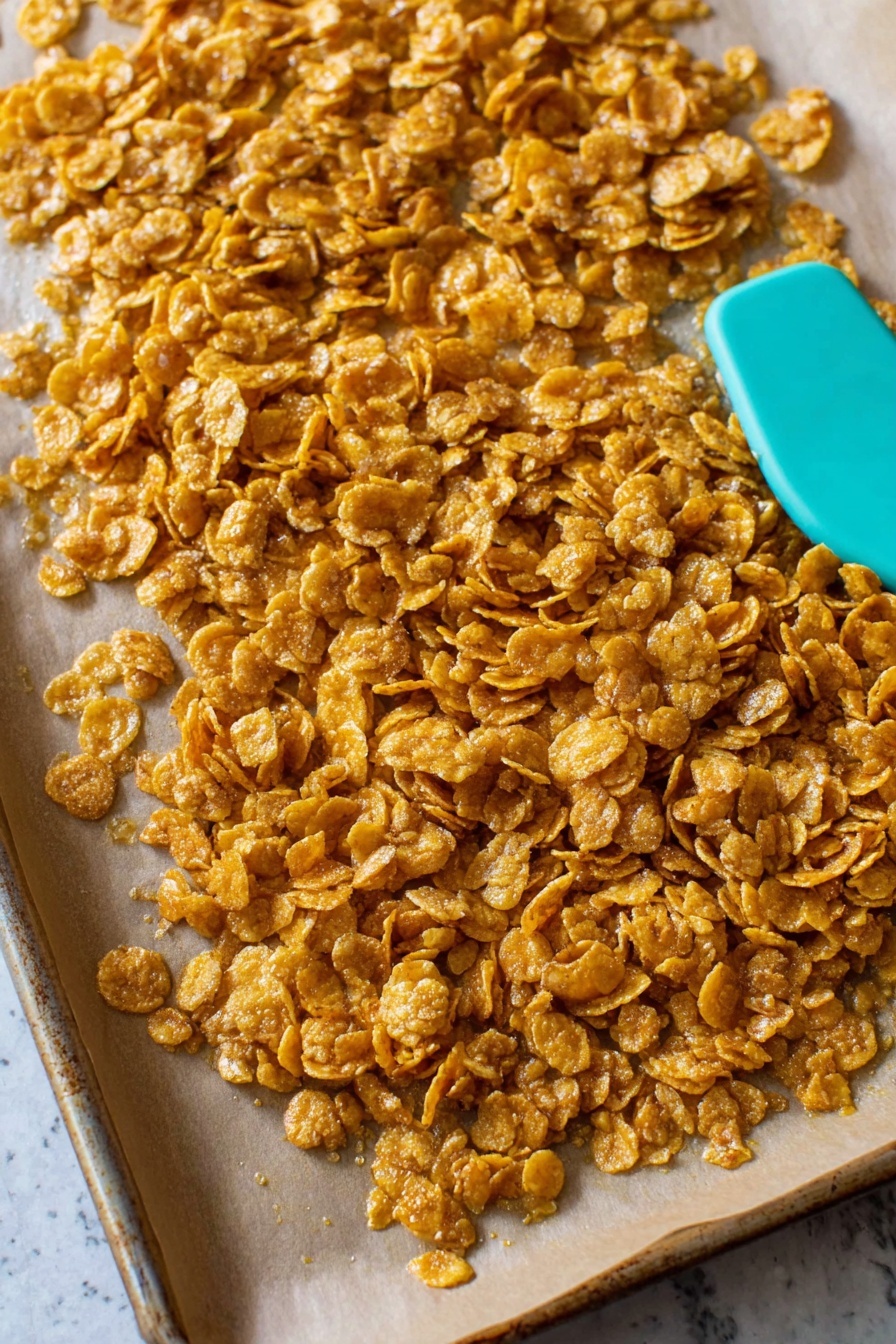 A close-up of a large, single layer of golden brown, glossy cereal flakes spread unevenly on a baking tray lined with light brown parchment paper. The flakes have a shiny coating and vary in size and texture, some are flat while others are slightly curled or broken. In the top right corner, a turquoise silicone spatula rests on the tray. The background is a white marbled texture. photo taken with an iphone --ar 2:3 --v 7