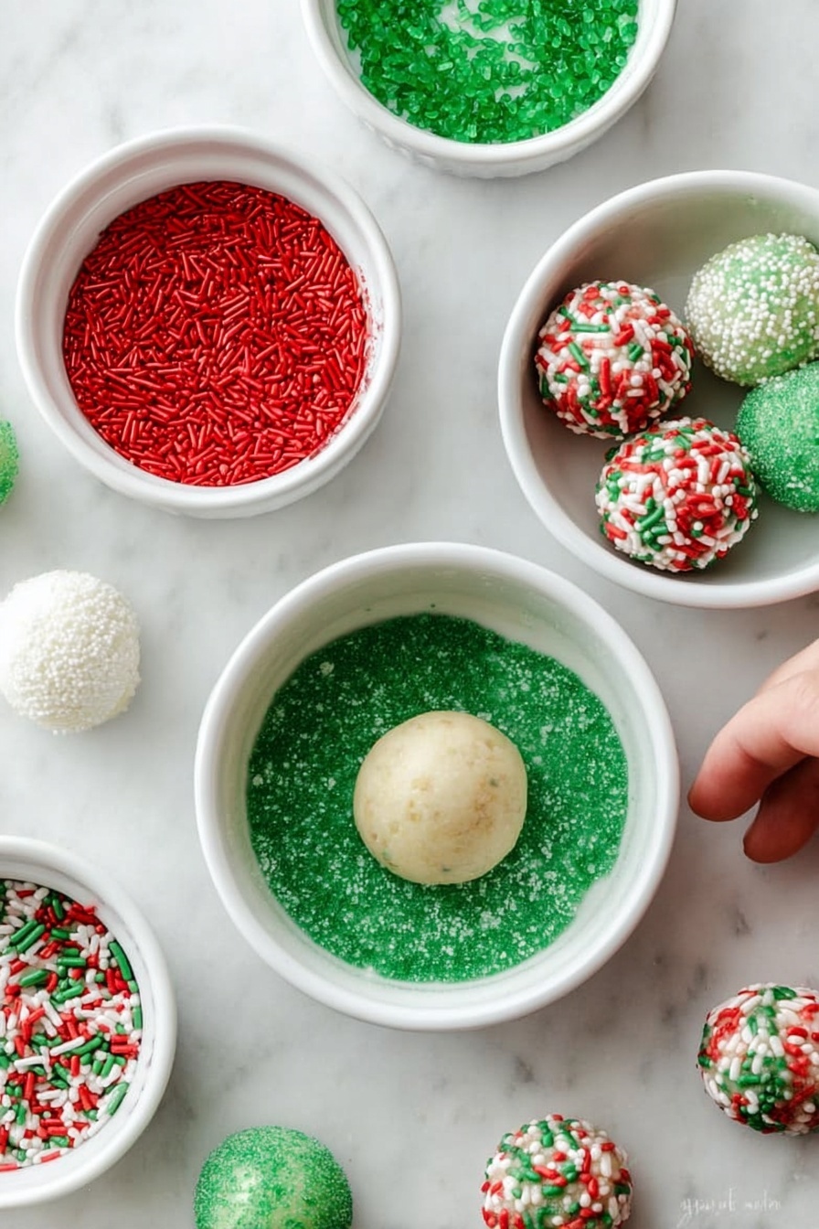 A white rectangular tray is filled with four groups of colorful sugar cookies in red, green, and white colors. One group has red sugar crystals covering the round cookies, another group is covered with green sugar crystals, and the third group has white icing with red and green sprinkles on top. The fourth group is coated with small round red, green, and white sprinkles. In the middle of the tray, a cookie is broken in half, showing a light yellow inside. A woman's hand is holding the tray from the right side, with another woman's hand visible at the bottom holding it. Surrounding the tray, there are two white round plates with more cookies; one plate has a cookie with a bite taken out. All sits on a white marbled surface with a red and white cloth partially visible at the bottom left. Photo taken with an iphone --ar 2:3 --v 7