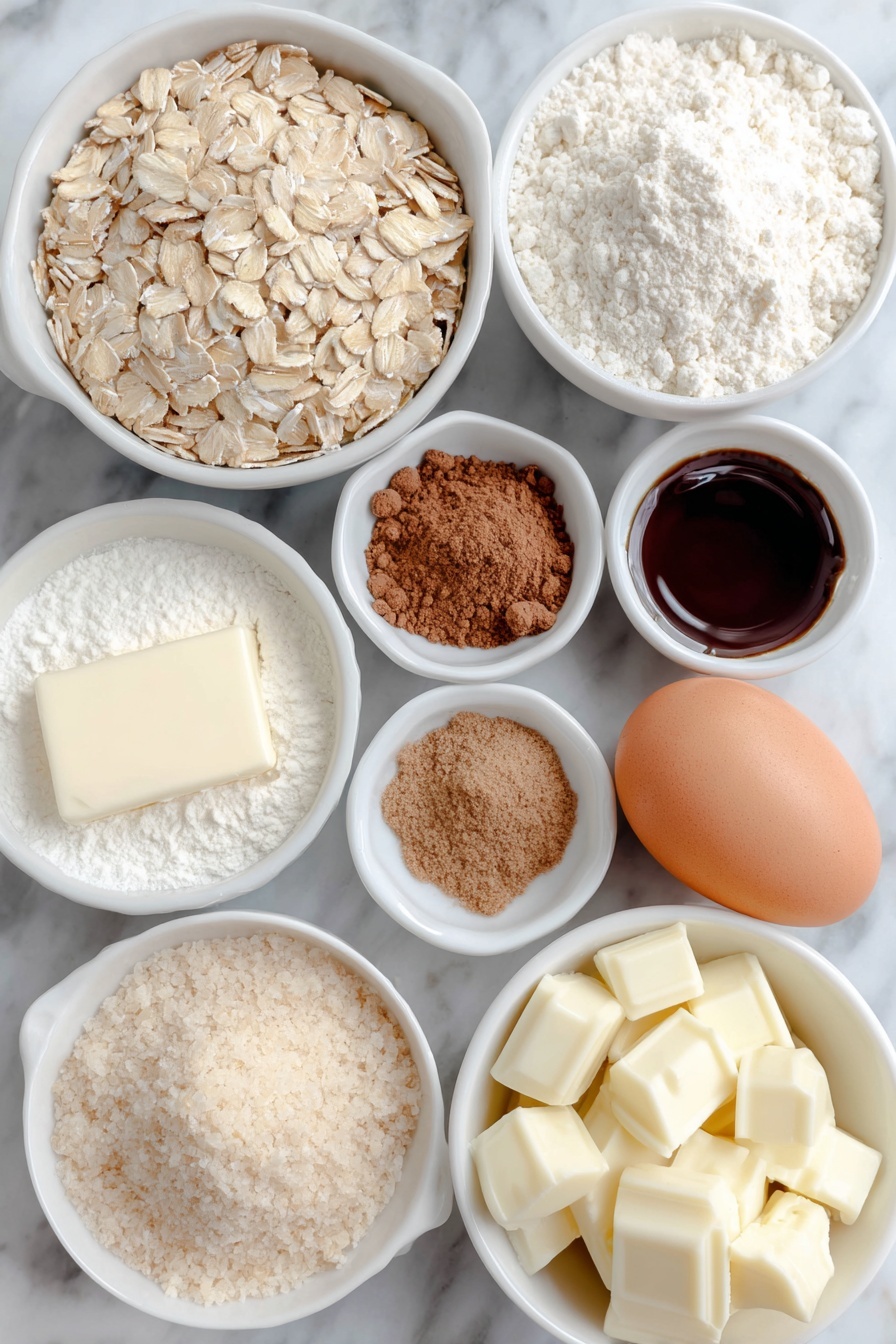 Flat lay of a small heap of old-fashioned whole rolled oats, a neat pile of all-purpose flour, a small mound of espresso powder, white ceramic bowls holding ground ginger, ground cinnamon, ground nutmeg, and ground cloves arranged symmetrically, a pat of unsalted butter softened to room temperature, a small mound of packed light brown sugar, a smaller pile of granulated sugar, one large whole brown egg with a clean shell, a small white bowl filled with dark molasses, a pile of roughly chopped white chocolate chunks, and a tiny white bowl containing vegetable oil, all placed on a clean white marble surface, soft natural light, photo taken with an iPhone, professional food photography style, fresh ingredients, white ceramic bowls, no bottles, no duplicates, no utensils, no packaging --ar 2:3 --v 7 --p m7354615311229779997