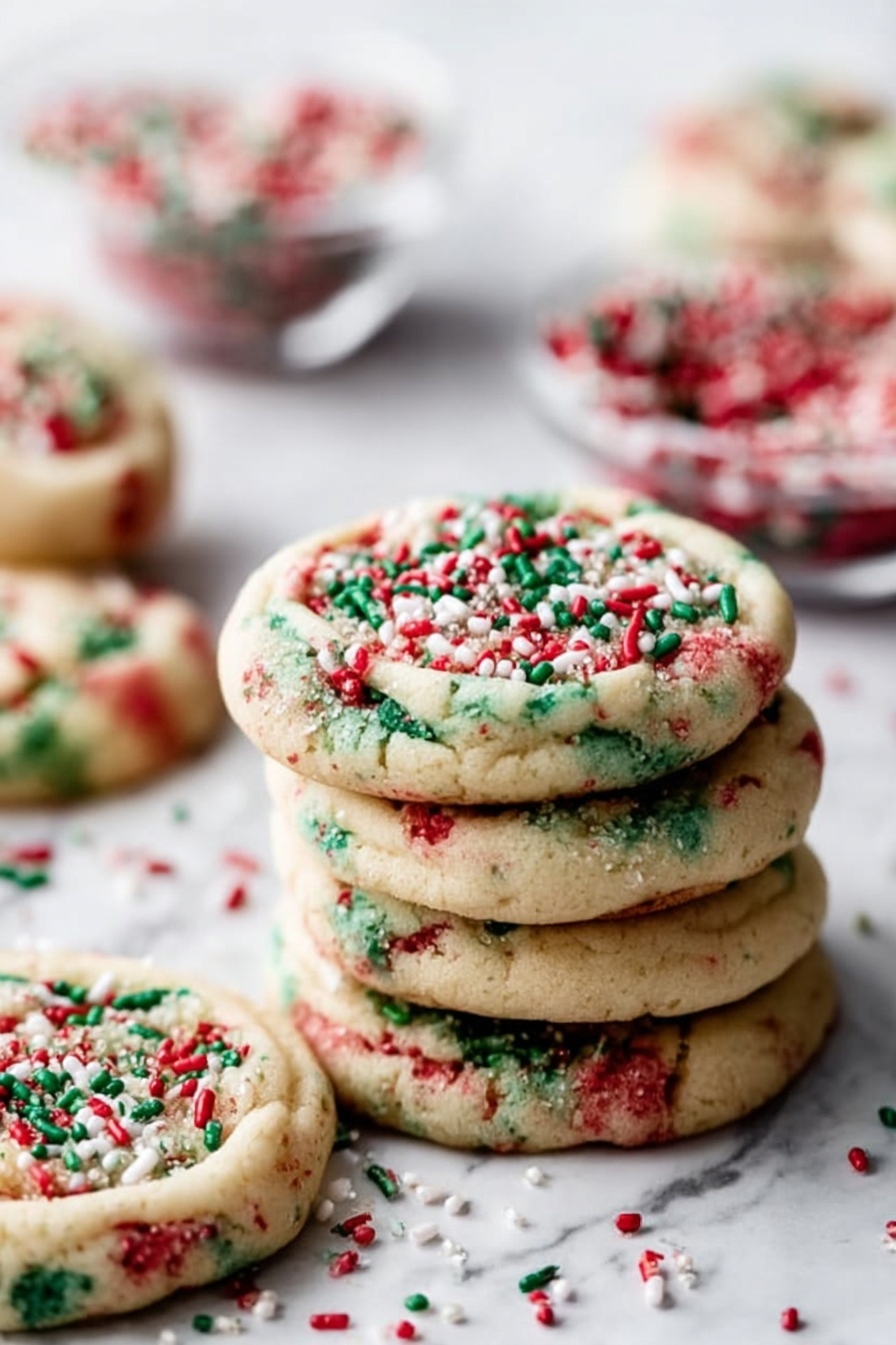 A stack of round cookies with a light beige base, mixed with red and green sprinkles inside the dough. The top of the cookies is also decorated with red, green, and white sprinkles scattered unevenly. The cookies have a slightly soft texture and are placed on a white marbled surface with a few glass bowls filled with the same colored sprinkles blurred in the background. photo taken with an iphone --ar 2:3 --v 7