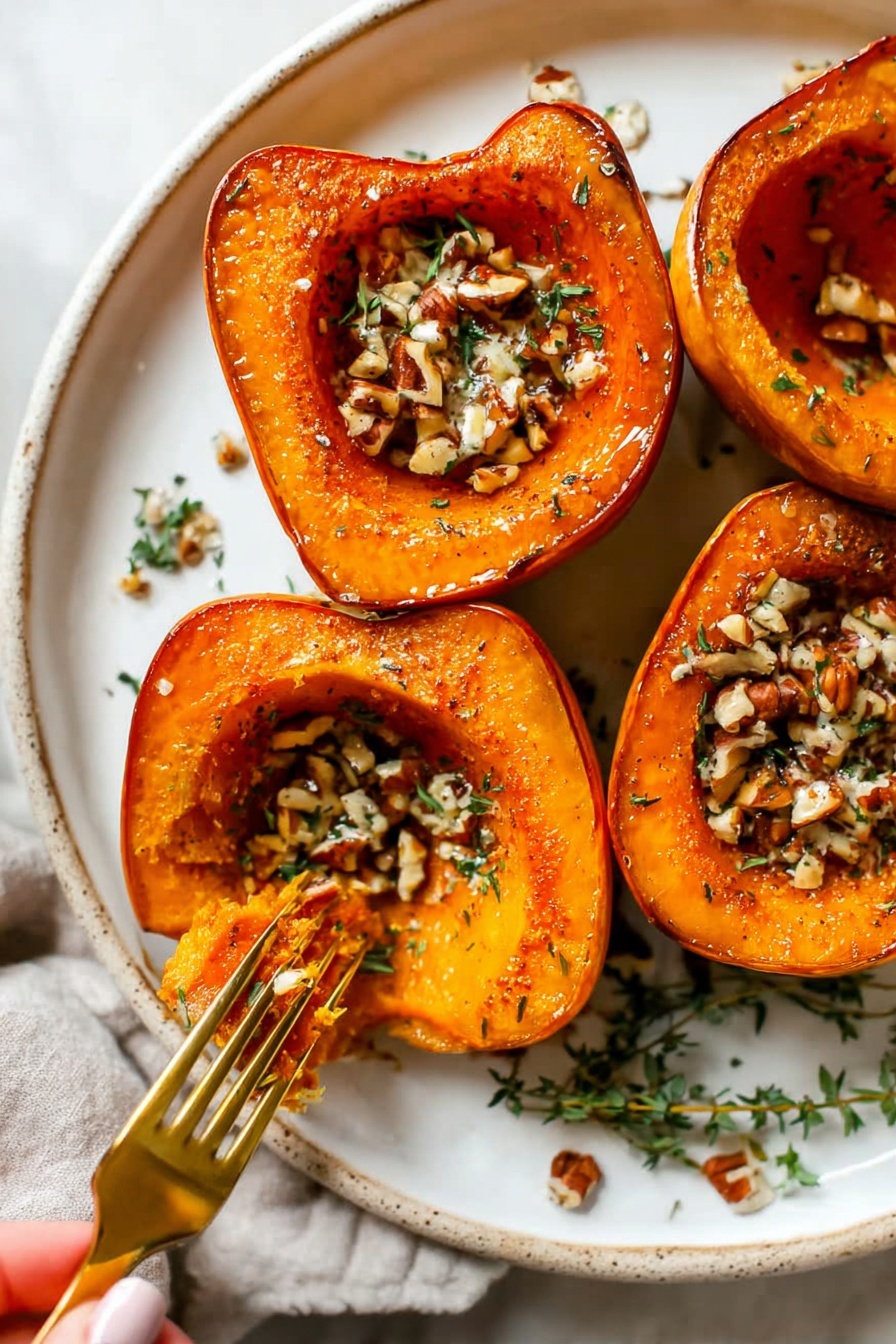 This image shows four halves of roasted orange squash placed on a white plate with a white marbled background. Each squash half has a shiny, caramelized orange surface with slightly darker edges. They are topped with small pieces of chopped nuts and fresh green herbs, which add texture and a bit of color contrast. One half is cut into a smaller piece, held by a woman's hand using a gold fork resting on the plate. The plate also has tiny sprigs of herbs scattered around. Photo taken with an iphone --ar 2:3 --v 7