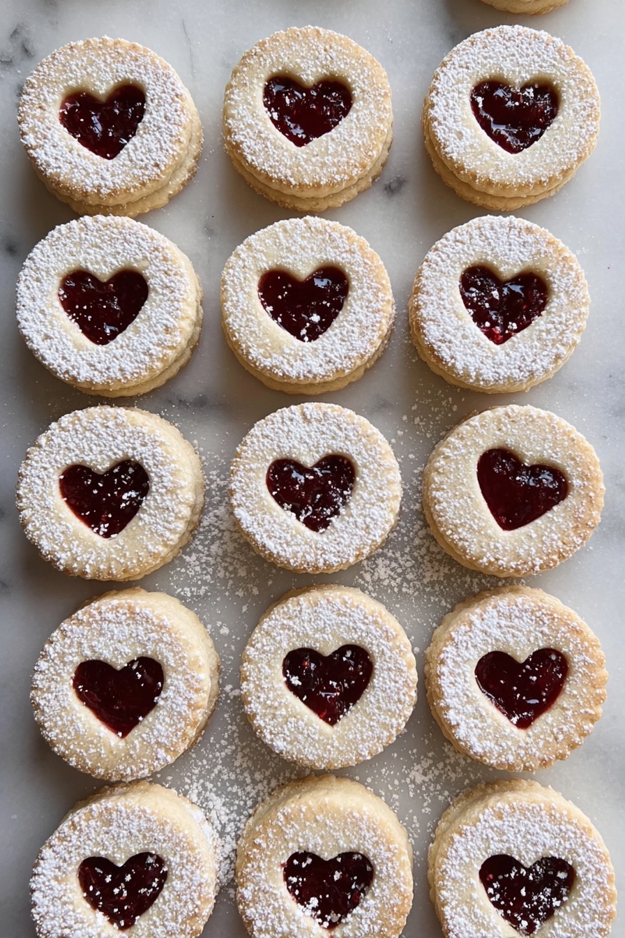 A close-up of a round cookie with scalloped edges held by a woman's hand, sprinkled with white powdered sugar, featuring a heart-shaped cutout in the center filled with glossy red jam, placed above a white plate with several similar cookies arranged in a circle, each with the same heart-shaped jam center and powdered sugar dusting, alongside a small white bowl filled with fresh red raspberries on a white marbled surface, photo taken with an iphone --ar 2:3 --v 7