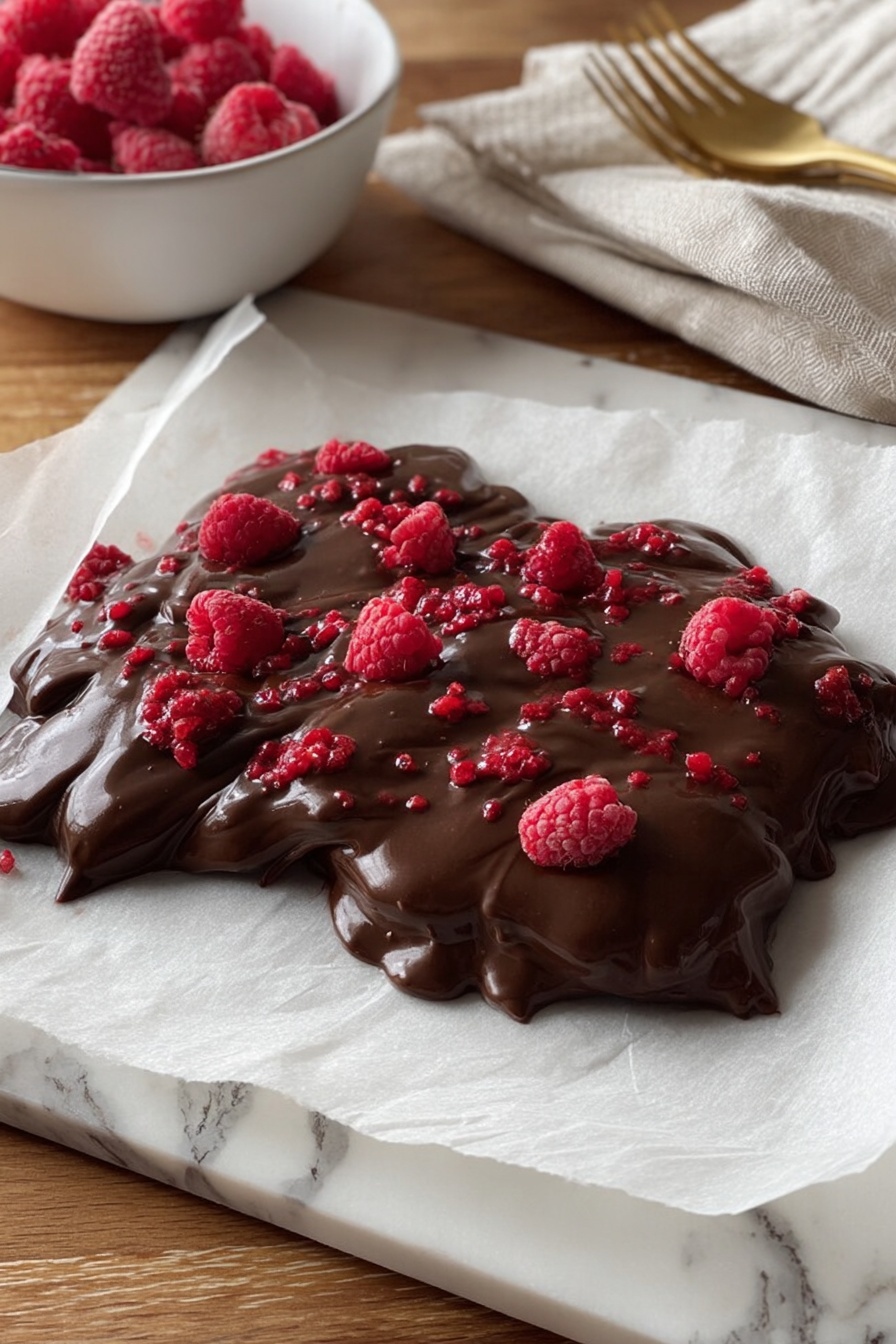 A dark chocolate slab is shown on white parchment paper, with a woman’s hand cutting it into square pieces using a knife held by another hand. The chocolate is thick and shiny with a rough look and has many small red berry pieces embedded on top. The whole slab is divided into eight large squares, and the knife is slicing through the middle. Slight cracks and flakes appear on the chocolate’s surface as it is being cut. photo taken with an iphone --ar 2:3 --v 7