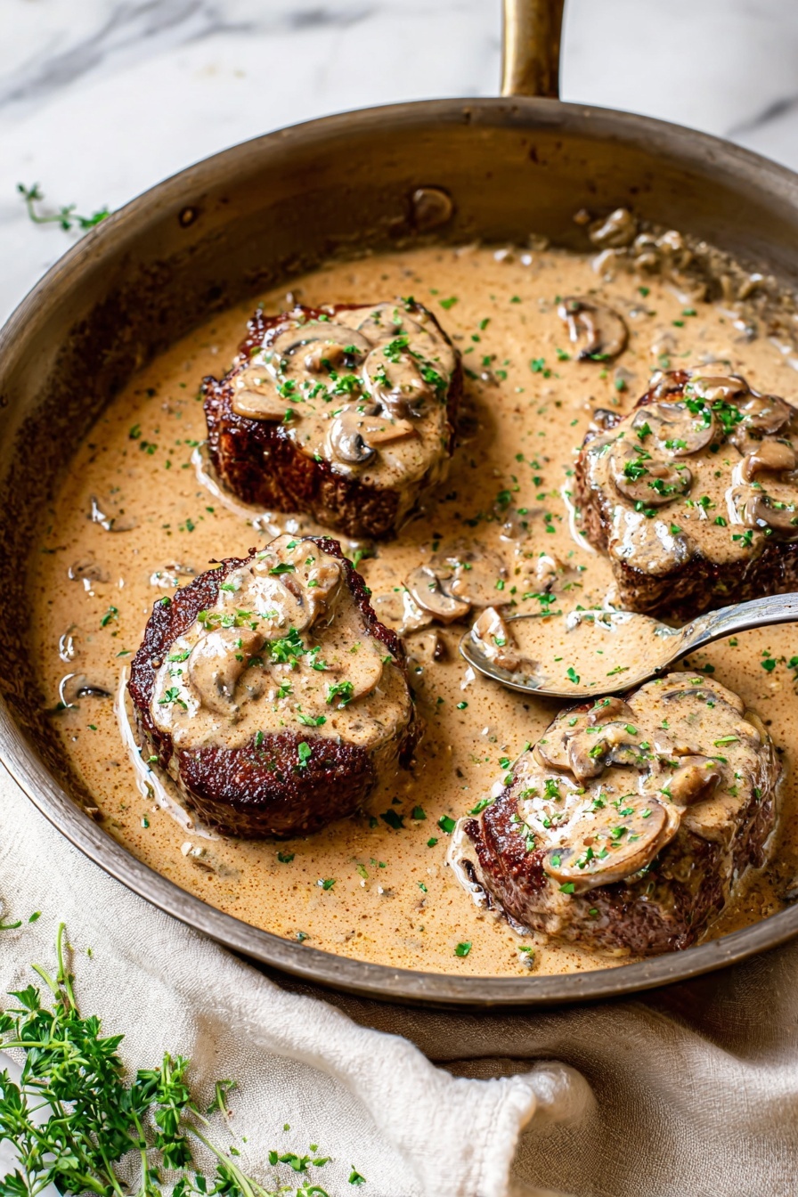 The image shows four thick, dark brown pieces of meat in a large round metal pan. Each piece is covered with a light brown creamy mushroom sauce that has visible mushroom slices and small green herb bits sprinkled on top. The sauce spreads evenly around the meat, filling the pan. There is a large spoon resting on the right side of the pan, partially covered in the sauce. The pan sits on a white marbled surface with a cream cloth partially underneath and some chopped green herbs scattered around. Photo taken with an iphone --ar 2:3 --v 7