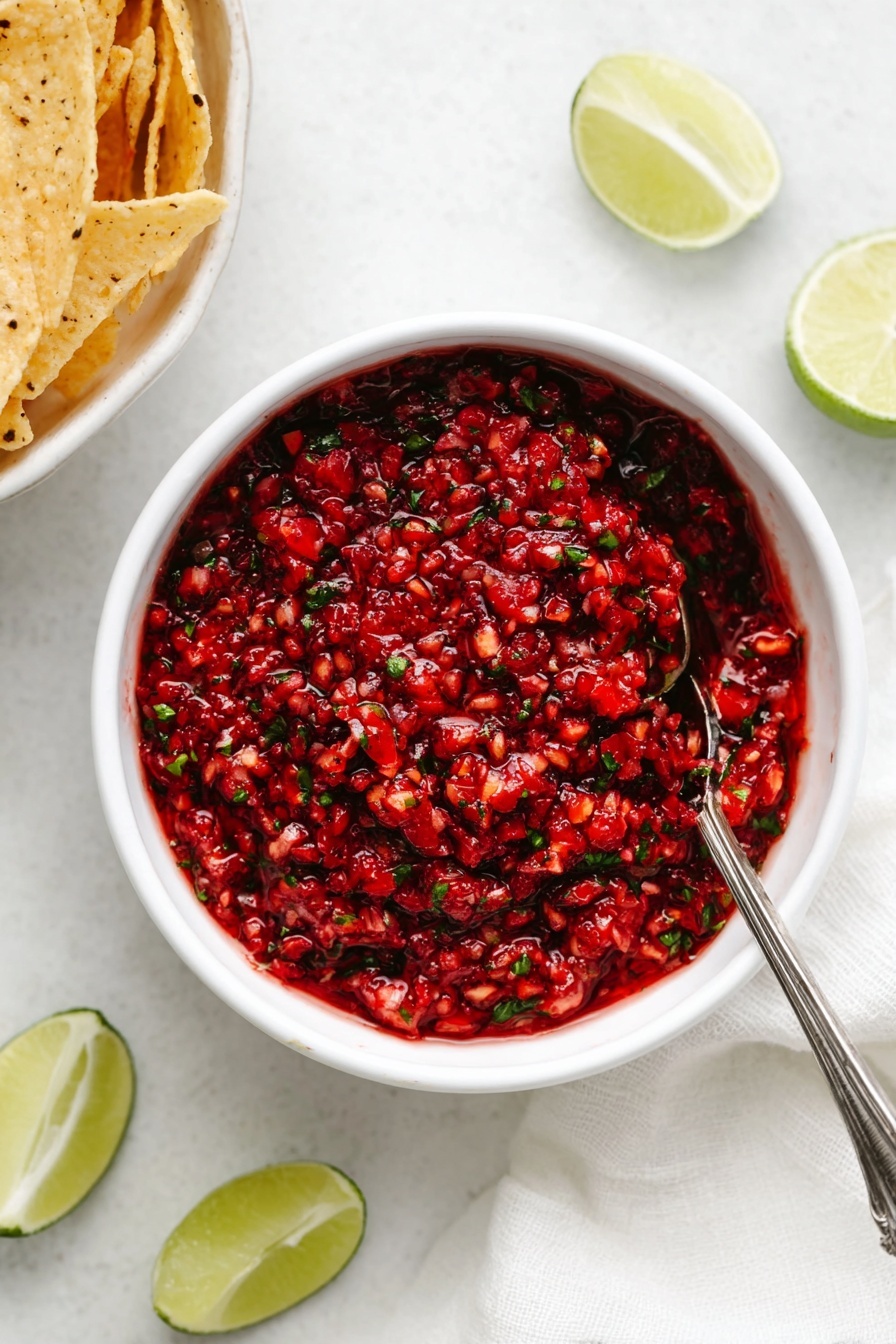 A white bowl is filled with a chunky, red salsa made of finely chopped fruits and herbs, showing bright red and dark red pieces mixed with small green herb bits throughout. A silver spoon rests inside the bowl, its handle extending out over the edge. Around the bowl on the white marbled surface, there are two lime halves with bright green flesh and a white bowl holding light yellow tortilla chips with some darker spots. A white cloth napkin is partly visible near the bowl. The scene is bright and fresh. photo taken with an iphone --ar 2:3 --v 7