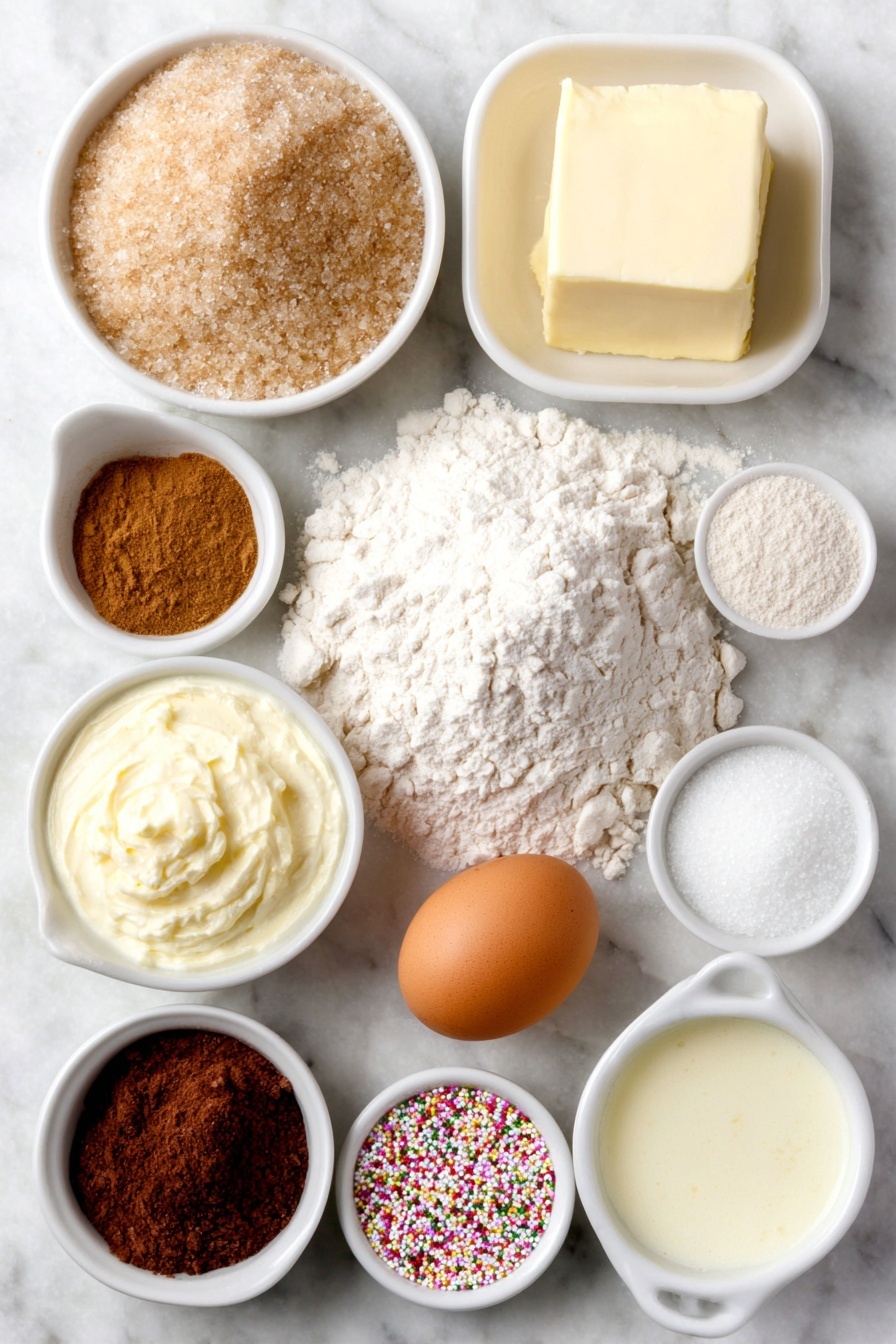 Flat lay of a small mound of all-purpose flour, a small white ceramic bowl filled with packed light brown sugar, a small white bowl with ground cinnamon, a small white bowl with ground nutmeg, a small white bowl with fine salt, a small white bowl holding melted unsalted butter, a small white bowl with baking powder, a small white bowl with baking soda, a cube of unsalted butter at room temperature, a small white bowl packed with granulated sugar, a single large whole egg with a clean shell, a small white bowl filled with creamy eggnog, a small white bowl with sour cream, a small white bowl containing vanilla extract, a small white bowl of powdered sugar, and a small white bowl with colorful sprinkles, all arranged symmetrically on a clean white marble surface, soft natural light, photo taken with an iPhone, professional food photography style, fresh ingredients, white ceramic bowls, no bottles, no duplicates, no utensils, no packaging --ar 2:3 --v 7 --p m7354615311229779997