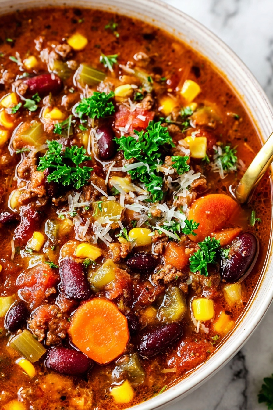 Two white bowls are filled with thick chili that has visible layers of red kidney beans, bright yellow corn, orange carrot slices, light green celery, brown minced meat, and a rich red tomato sauce. The chili is topped with finely chopped green herbs and a sprinkling of grated cheese, adding a touch of white on top. Each bowl has a long gold spoon placed inside, and they sit on a white marbled surface with a black and white checkered cloth partly under them. Nearby are a small white plate with chopped green herbs and another white plate holding two pieces of bread, one partly torn. A cluster of different metal spoons lies on the cloth near the bottom right corner. The photo taken with an iphone --ar 2:3 --v 7