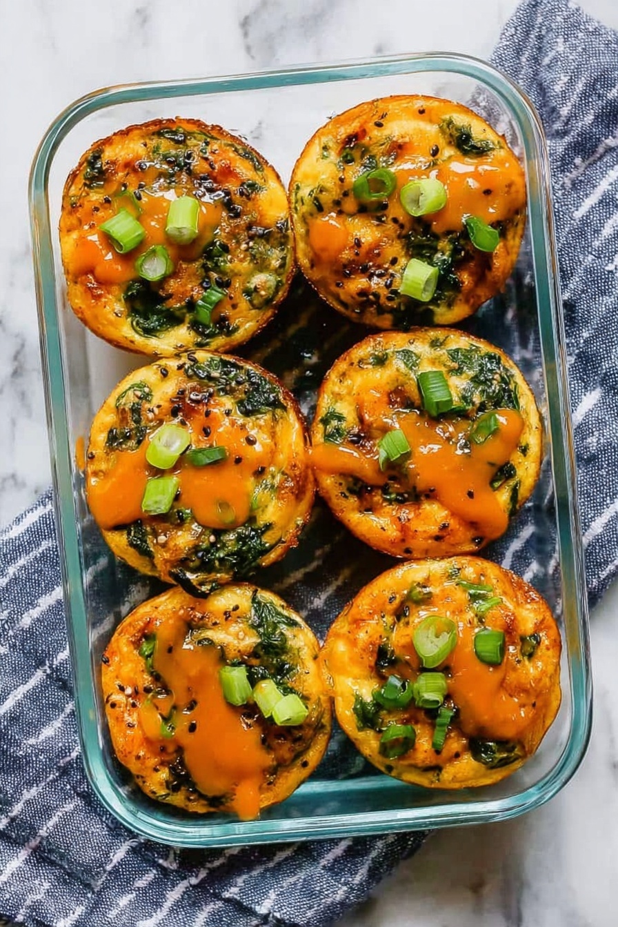 Two small round egg muffins filled with green vegetables and melted cheese sit on the left side of a white plate. The egg muffins are topped with finely sliced green onions and a light drizzle of orange sauce. On the right side of the plate, there is a mix of red raspberries and dark purple grapes. The plate rests on a black-and-white striped cloth placed on a white marbled surface. A bottle of hot sauce is blurred in the background. photo taken with an iphone --ar 2:3 --v 7