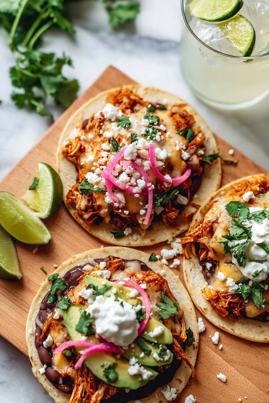 The image shows five small white tortillas on a wooden board, each topped with layers of orange-browned cooked chicken, melted yellow cheese, green avocado slices, pink pickled onion rings, white crumbly cheese, fresh green cilantro leaves, and dollops of white cream sauce. Around the board, there are bowls with sliced green jalapeños and crumbled cheese, a jar of pink pickled onions, lime wedges, and a halved avocado. A woman's hand is reaching from the left side of the image holding a lime wedge. The whole scene rests on a white marbled surface. photo taken with an iphone --ar 2:3 --v 7