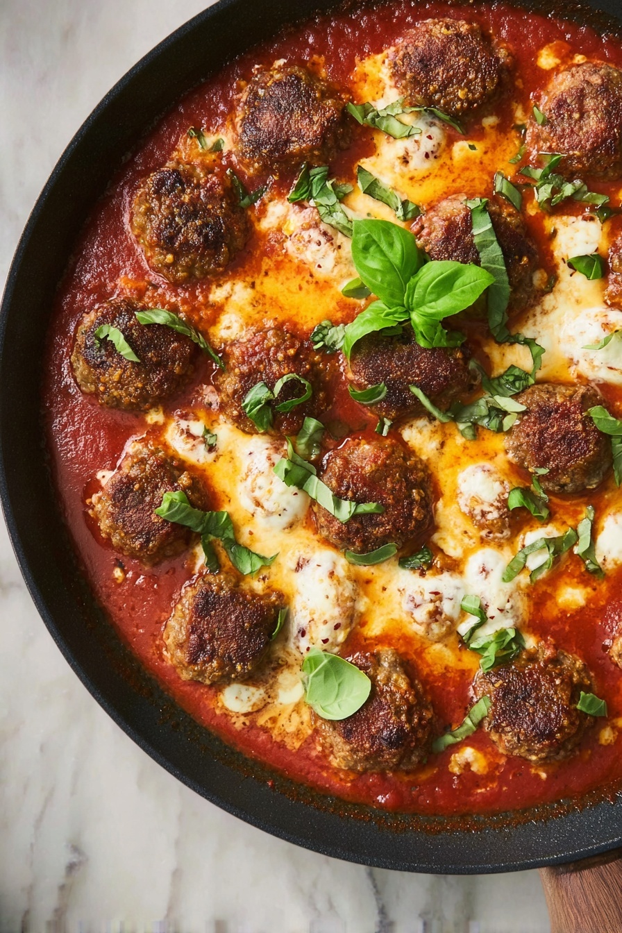 The image shows a single-layered skillet dish with browned, crispy meatballs arranged evenly on top of a rich, red tomato sauce. Melted, bubbly cheese is scattered around and partially on top of the meatballs, creating a creamy texture. Bright green chopped basil leaves are sprinkled over the dish for color contrast, with a few whole fresh basil leaves placed near the center. The skillet is placed on a white marbled surface. Photo taken with an iphone --ar 2:3 --v 7