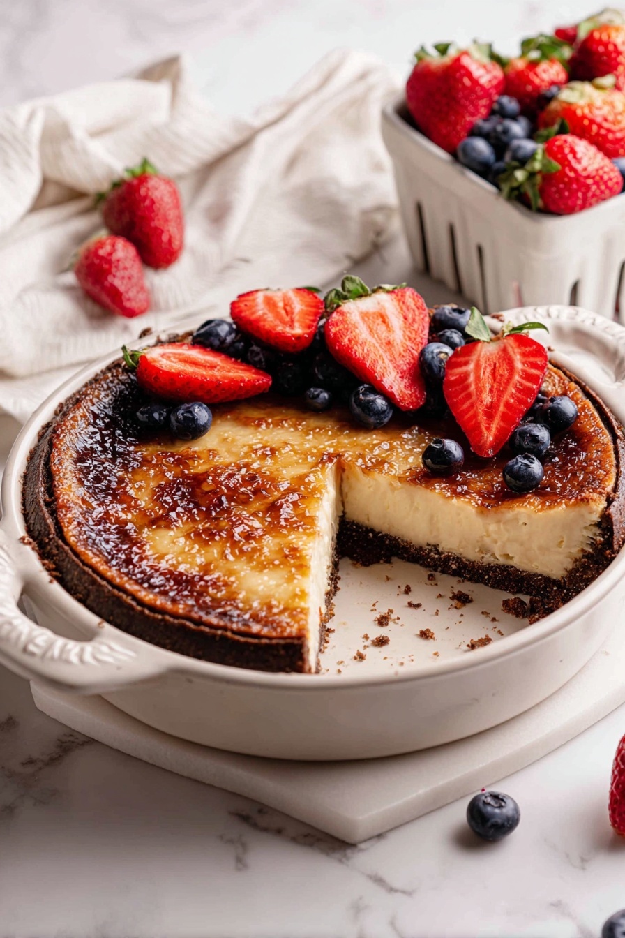 The image shows a pie with three visible layers: the bottom layer is dark brown and crumbly like a cookie crust; the middle layer is thick and creamy, light beige in color; the top layer is golden brown and caramelized, with a shiny, slightly burnt surface texture. Fresh strawberries, halved, and whole blueberries decorate the edge of the pie, arranged neatly on top. The pie sits on a white ceramic dish with handles, placed on a white marbled surface. In the background, there is a white container filled with more strawberries and blueberries on a white cloth. Photo taken with an iphone --ar 2:3 --v 7